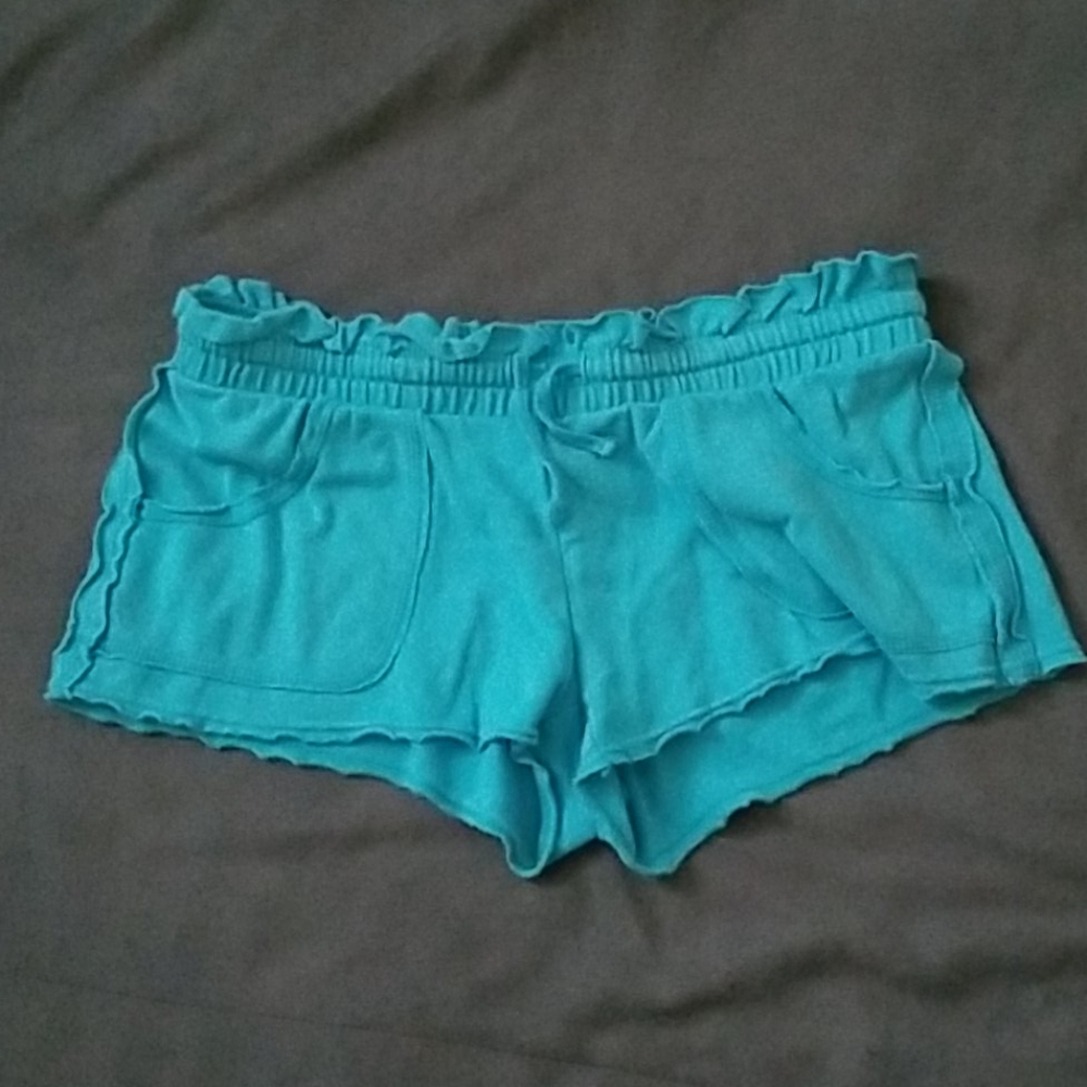 Ruffled Blue Cotton Blend Shorts